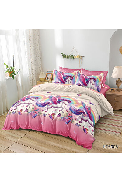 FIONNA.RO Finet 6-Piece Bed Linen With Elastic Animated Print - Unicorn And Colorful Butterflies