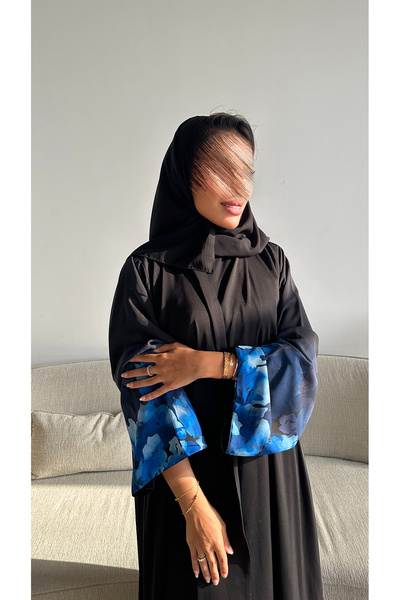 outline Black chiffon flared abaya with blue rose print