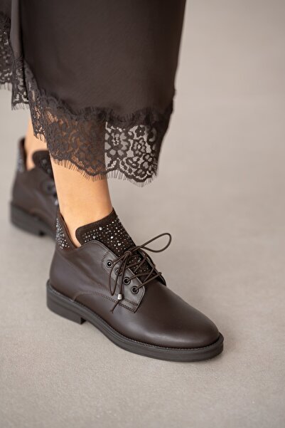 selin shoes Navin Genuine Leather Stone Detailed Lace-Up Women's Shoes - Brown