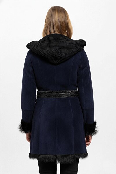 Deriderim Navy Blue Seline Knitwear Hooded Genuine Leather Fur Coat
