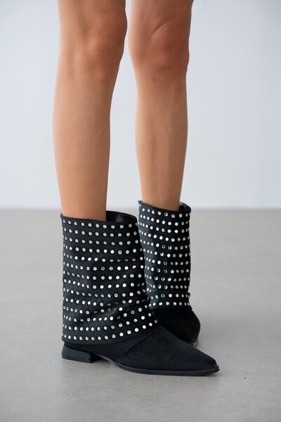 selin shoes Vionne Women's Low Heel Boots with Silver Stone Detail on Velvet Fabric - Silver