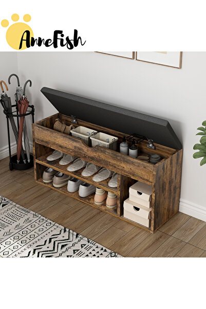 AnneFish مقعد منظم لرفوف الأحذية بمدخل من مستويين، مقاس 100*30*44 سم، مع درج ووسادة مبطنة