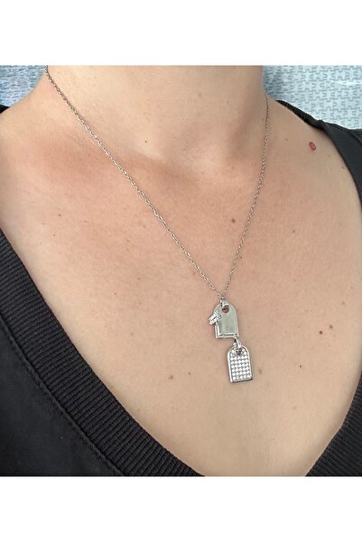 mibrillo قلادة مزدوجة الشكل من العلامة التجارية المكافئة باللون الفضي مع حجر ...