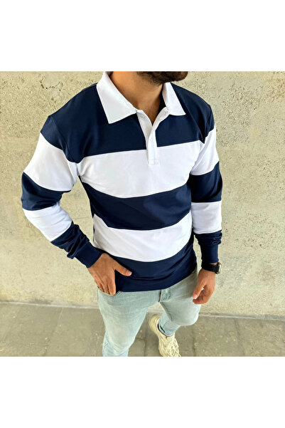 MODA Men's Polo Neck Long Sleeve Striped Sweatshirt Trend Rugby Style - Navy Blue