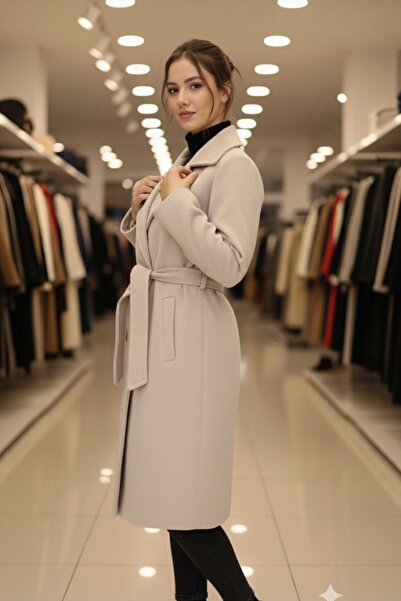 diaves Cream Belt Detailed Pocketed Buttoned Double-Breasted Cashmere Coat