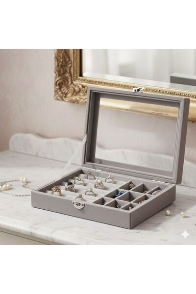 Noor Jewelry storage organizer, small velvet multi-compartment box for accessories and rings