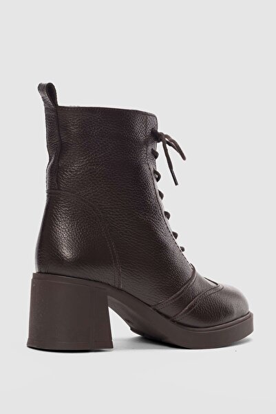 selin shoes Solenne Hakiki Deri Bağcıklı ve Yandan Fermuarlı Kadın Bot- KAHVERENGİ