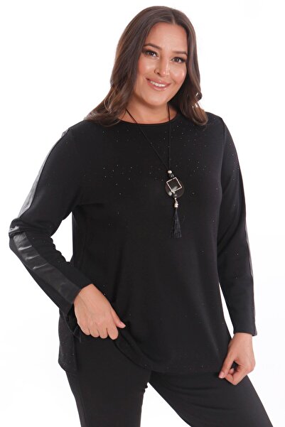 Metpoint Trend42plus Μπλούζα μεγάλου μεγέθους με δερμάτινο μανίκι ριγέ Self Stone Μαύρη μπλούζα