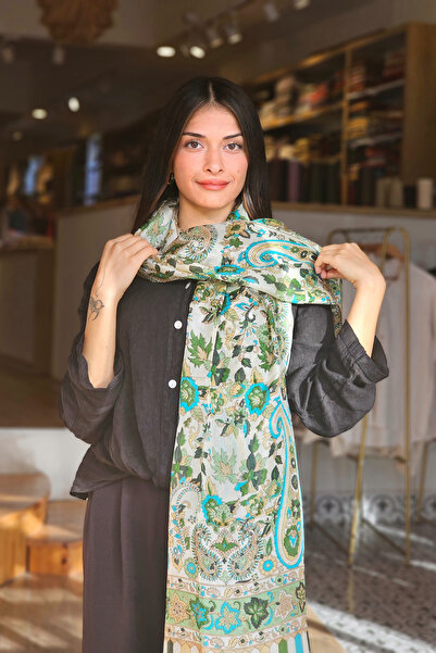 İpek Yeşil Mavi Desenli Yüzükten Geçen Şal