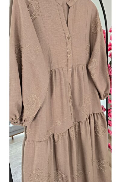 PREMİER VİE Tesettür Linen Fabric V-Neck Dress