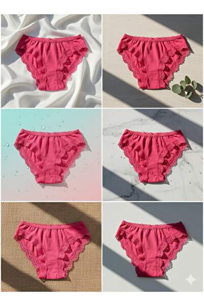 İntimate Women's Solid Color Lace Detailed Cotton Stretchy Bikini Type 6-Piece Panties