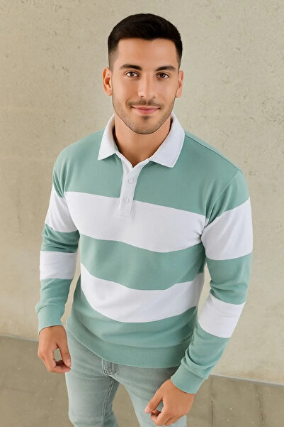 MODA Men's Polo Neck Long Sleeve Striped Sweatshirt Trend Rugby Style - Green