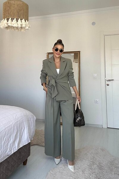 Eswomes Side-Tie Jacket and Pants Set Khaki