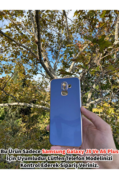 GtTech Samsung Galaxy A6 Plus Ve J8 Uyumlu Lazer Kesim Gold Çerçeve Mavi Kapak Kılıf
