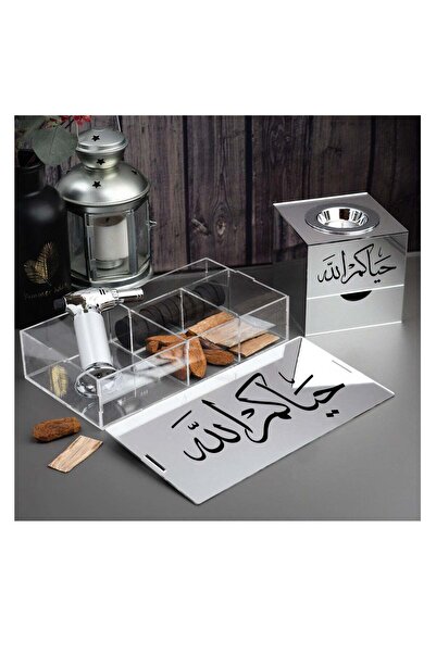 Story of candle Incense burner with a box for storing incense, bearing the phrase "Welcome," Maroki oud, Vietnamese oud chips, lighter, and charcoal.