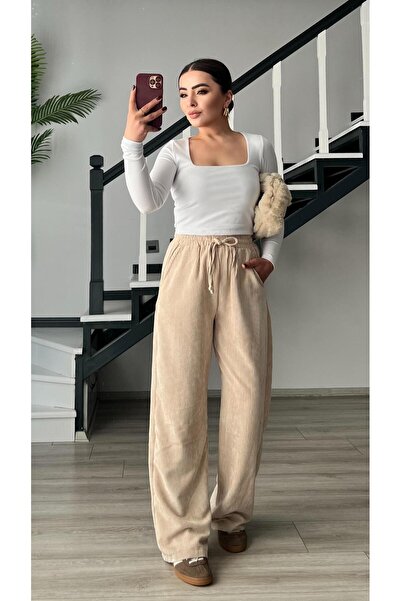 Oslove Beige elastic waist Corded Fabric velvet trousers