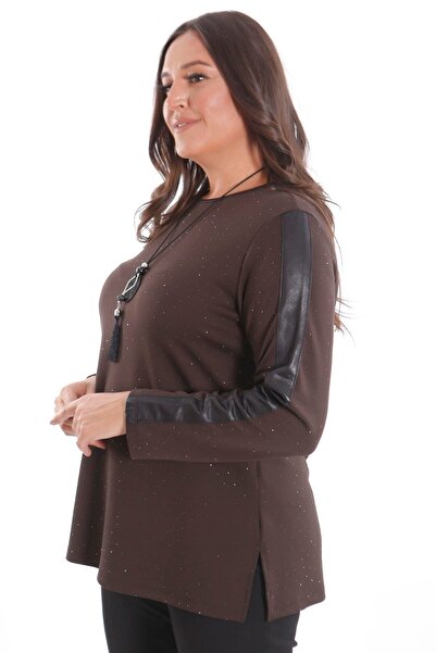 Metpoint Trend42plus Μπλούζα μεγάλου μεγέθους με δερμάτινο μανίκι ριγέ από αυτοπλακότυπο καφέ χρώμα