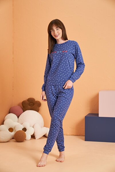 PJS Γυναικείο σετ πιτζάμες από 100% βαμβακερό μονόχρωμο μπλε με σχέδιο καρδιάς με τσέπες - μακρυμάνικο