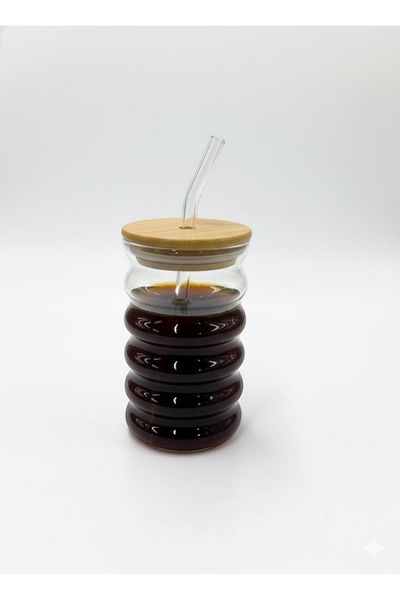 ABAREEK Glass mug with a bamboo lid and a glass straw. Can be used for hot and cold drinks.