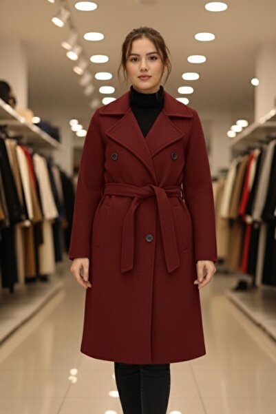 diaves Burgundy Belt Detailed Pocketed Buttoned Double-Breasted Cashmere Coat
