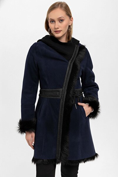 Deriderim Navy Blue Seline Knitwear Hooded Genuine Leather Fur Coat