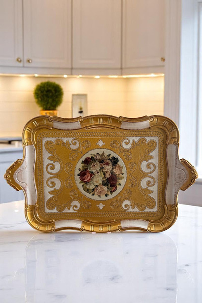 Sevinse Home Italian Rosewood 8-Person Luxury Handmade Tray Gold Cream, Presentation Tray