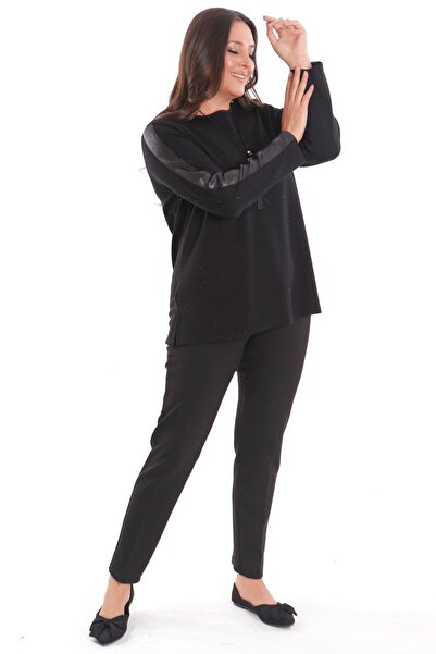 Metpoint Trend42plus Μπλούζα μεγάλου μεγέθους με δερμάτινο μανίκι ριγέ Self Stone Μαύρη μπλούζα