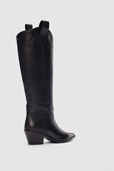 selin shoes Orbit Pointed Toe Detailed Genuine Leather Women's Boots-Black