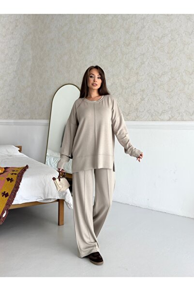 LAMİFUSTORE Modal Fabric Side Slit Sweater Pants Set