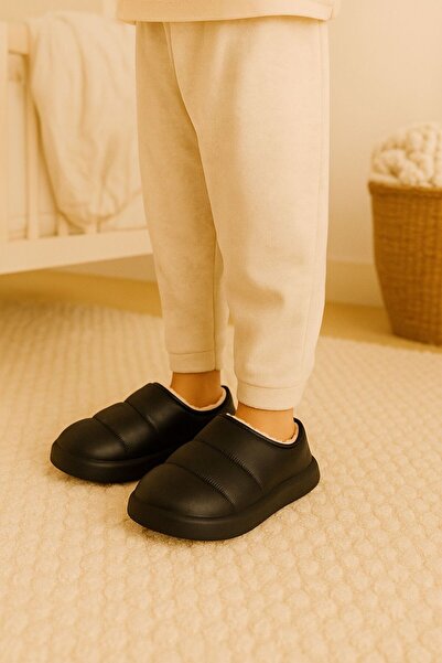 Arma House Peluş İçi Yünlü Kışlık Panduf Siyah Çocuk Ev Terliği