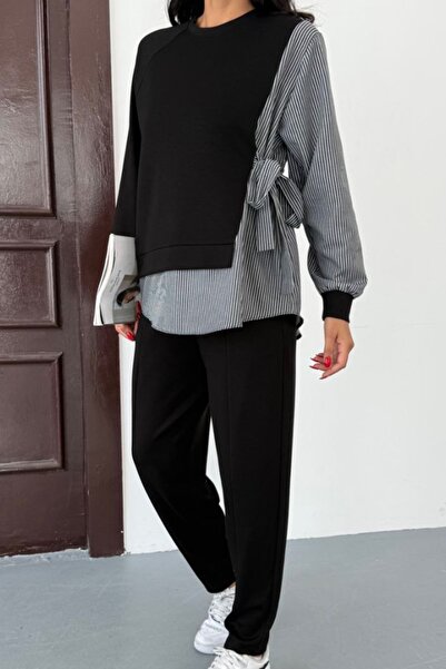 Ded COLLECTION Women's Side Tie Striped Long Sleeve Shirt Detailed Sporty Stylish Modal Set