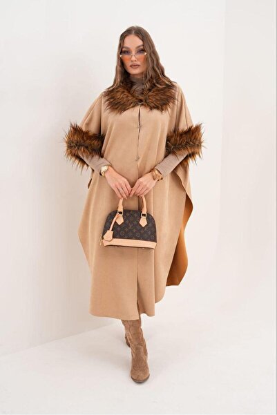 BY AKKAYA Yaka ve Kol Detaylı Süet 38 -50 Beden aralığı Giyilebilen Panço