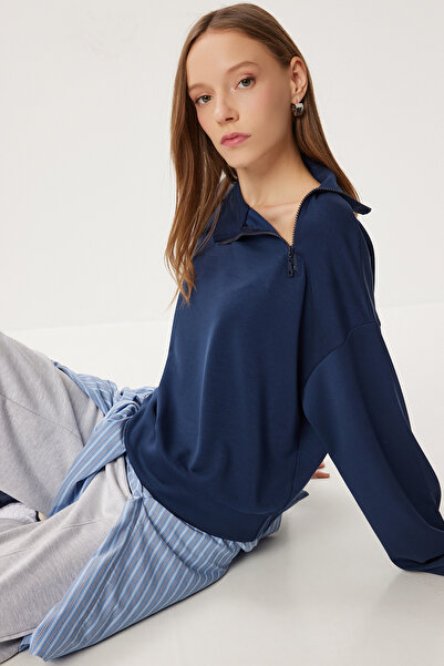 Lovelyİstanbul Modal cu textura moale cu fermoar lateral Swea tricou LUB0250 ...