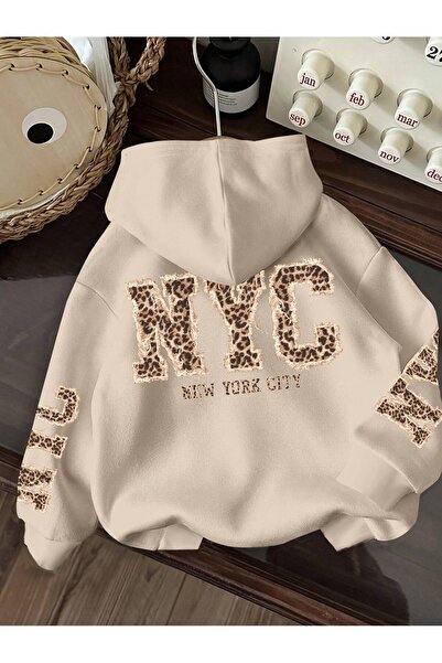 ZEMLİYA Μινιμαλιστικό φούτερ με κουκούλα με στάμπα λεοπάρ και γράμματα NYC