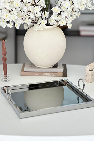 Shura Homeware Kare Kulplu Gümüş Tepsi Füme Aynalı Dekoratif Tepsi
