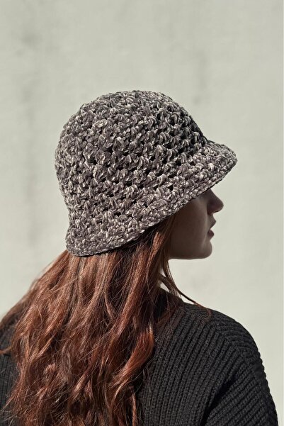 MELUSH Anthracite Colored Hand Knitted Velvet Hat, Bucket Hat, Winter Knitted Hat