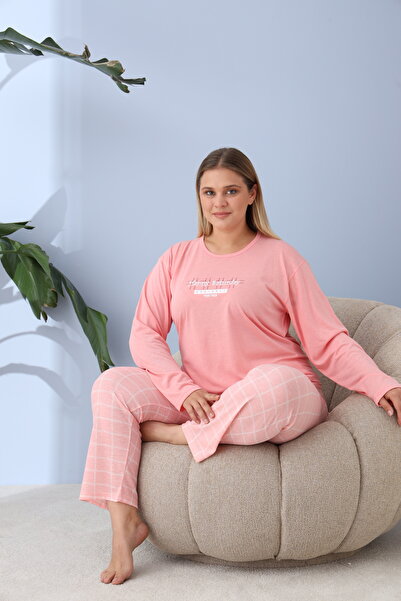 Serena Women's big size peach pink pajamas, Happy Saturday print, 100% cotton