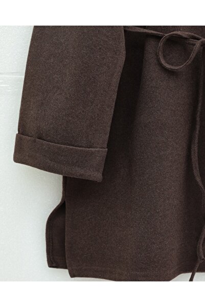 Modamorfo Slit Ribbed Knit Tunic with Layered Sleeves and Tie Waist - Toprak