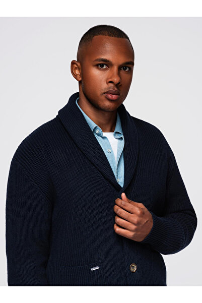 OMBRE Pulover bărbătesc din bumbac cu guler șal - bleumarin OM-SWCD-0153