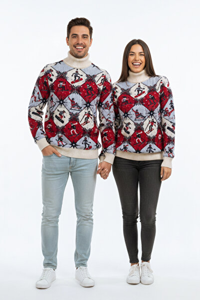 Pulltonic Unisex Yılbaşı Konseptli Yarım Balıkçı Yaka Kazak | %68 Kuzu Yünü