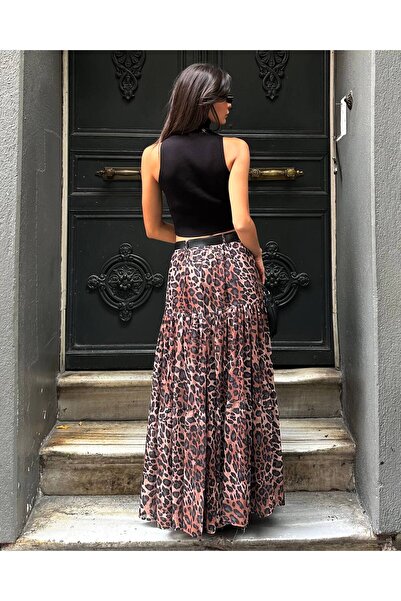 KÜBRA Leopard Full Lined Buttoned Chiffon Skirt