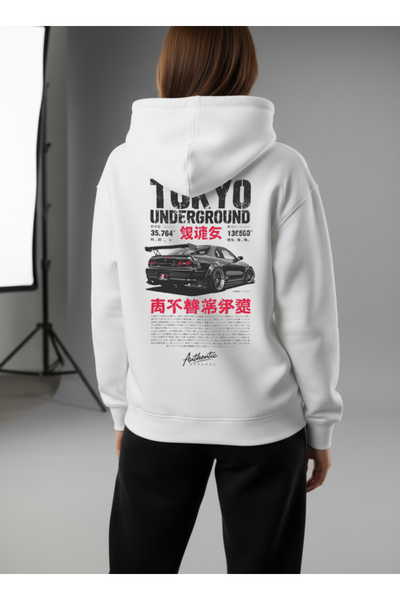 Unisex GT-R R34 Baskılı Regular Hoodie Siyah / Beyaz TOKYO