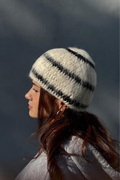MELUSH Black and White Striped Fuzzy Knit Hat, Crochet Hair Accessory, Patterned Beanie, Unisex Crochet Hat
