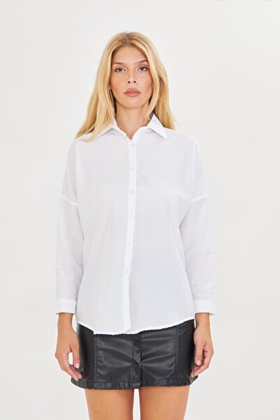 Kutaf Women's White Oversized Long Sleeve Poplin Shirt