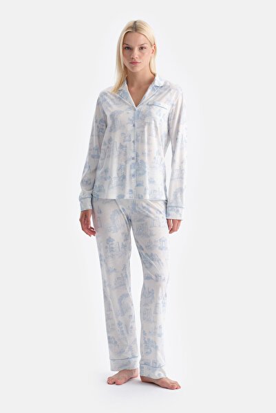 Dagi Set de pantaloni cămașă Landscape cu imprimeu albastru deschis