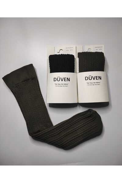 DÜVEN Pack of 2 Soft Texture Thick Winter Black & Khaki Color Knee-High Socks with Classic Knit Pattern
