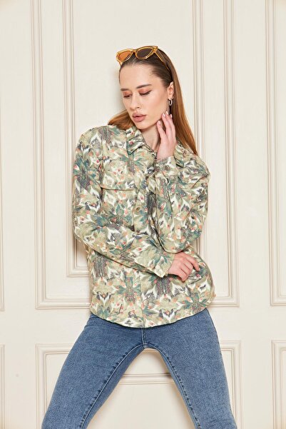 Kutaf Women's Khaki Multi-Colored Ethnic Patterned Oversize Lumberjack Shirt with Pockets