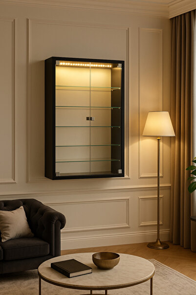 xhomedekor 100x60x20 antrasit vitrin cam raflı cam kapaklı dolap