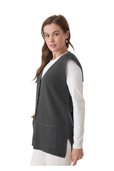 Elçelya Moda Women's Mother Plus Size Corded Fabric Wool Knitwear Vest