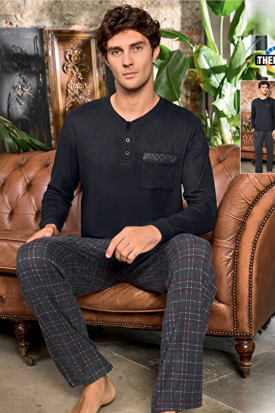 İYİBU Men's Black Thermal Pajama Set – Long Sleeve Button-Down Top & Plaid Bottom